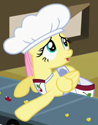 Size: 246x312 | Tagged: safe, screencap, fluttershy, pegasus, pony, g4, the last roundup, cherry, cropped, female, food, hat, mare, outfit catalog, saddle bag, solo, yellow cherry