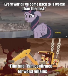 Size: 855x960 | Tagged: safe, edit, edited screencap, screencap, flam, flim, twilight sparkle, alicorn, pony, unicorn, g4, the cutie re-mark, alternate timeline, ashlands timeline, backhoe, barren, brothers, cutie map, discovery family logo, dystopia, ecocide, excavator, female, flim flam brothers, flim flam industry timeline, floppy ears, fuzzy dice, harvester, image macro, implied genocide, male, mare, meme, post-apocalyptic, stallion, twilight sparkle (alicorn)