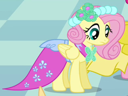 Size: 342x256 | Tagged: safe, screencap, fluttershy, pinkie pie, a canterlot wedding, g4, alternate hairstyle, bridesmaid, bridesmaid dress, bridesmaid fluttershy, clothes, dress, flutterbeautiful, gown, outfit catalog