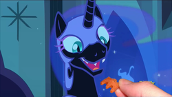 Size: 950x534 | Tagged: safe, edit, edited screencap, screencap, nightmare moon, g4, the cutie re-mark, cute, eyes on the prize, faic, fangs, hand, moonabetes, moonie snacks, nightmare takeover timeline, open mouth, sharp teeth, smiling, treat