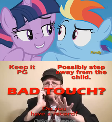 Size: 631x693 | Tagged: safe, edit, edited screencap, screencap, rainbow dash, twilight sparkle, alicorn, human, pegasus, pony, g4, the cutie re-mark, bad touch, discovery family, discovery family logo, female, filly, foal, implied foalcon, irl, irl human, lidded eyes, logo, male, mare, nostalgia critic, photo, stranger danger, text, thatguywiththeglasses.com, twilest dashle, twilight is a foal fiddler, twilight sparkle (alicorn)