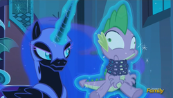Size: 1119x636 | Tagged: safe, screencap, nightmare moon, spike, alicorn, dragon, pony, g4, the cutie re-mark, alternate timeline, bondage, chains, derp, discovery family logo, faic, female, frown, glare, hostage, levitation, lidded eyes, magic, male, mare, nightmare takeover timeline, spikesub, squeezing, telekinesis, unsexy bondage, wide eyes