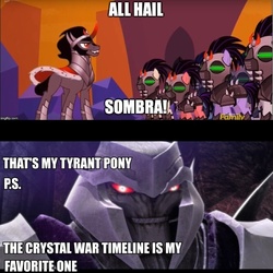 Size: 800x801 | Tagged: safe, edit, edited screencap, screencap, ivory, ivory rook, king sombra, rubinstein, crystal pony, pony, unicorn, the cutie re-mark, alternate timeline, brony megatron, comparison, crystal war timeline, discovery family logo, image macro, male, megatron, meme, mind control, sombra soldier, stallion, that's my pony, that's my x, transformers, transformers prime