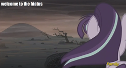 Size: 1824x984 | Tagged: safe, edit, edited screencap, screencap, starlight glimmer, g4, the cutie re-mark, alternate timeline, ashlands timeline, barren, caption, hiatus, implied genocide, post-apocalyptic, s5 starlight, text, welcome to the hiatus, wind, windswept mane