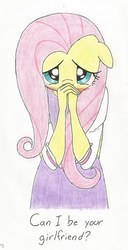 Size: 370x720 | Tagged: safe, artist:nickmaldorrichthofen, fluttershy, anthro, g4, bronybait, clothes, female, girlfriend, school uniform, shy, solo, traditional art