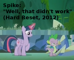 Size: 456x373 | Tagged: safe, edit, edited screencap, screencap, spike, twilight sparkle, dragon, pony, fanfic:hard reset, g4, my little pony: friendship is magic, the cutie re-mark, alternate timeline, caption, chrysalis resistance timeline, cutie map, duo, fanfic, female, male, mare, text, twilight sparkle (alicorn)