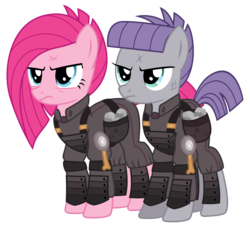 Size: 3300x3000 | Tagged: safe, artist:cheezedoodle96, maud pie, pinkie pie, earth pony, pony, g4, the cutie re-mark, .svg available, alternate hairstyle, alternate timeline, ammunition, angry, apinkalypse pie, apocalypse maud, armor, clothes, crystal war timeline, dirty, female, frown, glare, high res, injured, mare, pinkamena diane pie, rock, saddle bag, simple background, sisters, svg, transparent background, uniform, vector