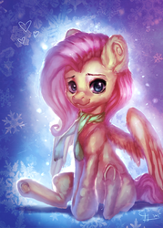 Size: 1000x1400 | Tagged: safe, artist:scyrina, fluttershy, g4, clothes, female, looking at you, scarf, sitting, smiling, solo, winter