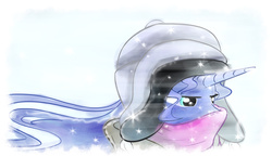 Size: 4698x2700 | Tagged: safe, artist:flamevulture17, princess luna, g4, bust, clothes, coat, female, hat, scarf, snow, snowfall, solo, winter