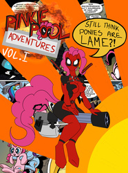 Size: 2439x3279 | Tagged: safe, artist:vladiverse, pinkie pie, rainbow dash, changeling, anthro, unguligrade anthro, g4, big breasts, breasts, busty pinkie pie, comic, crossover, deadpool, dialogue, female, high res, marvel, skinsuit