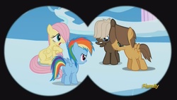 Size: 1260x715 | Tagged: safe, screencap, dumbbell, fluttershy, hoops, rainbow dash, pegasus, pony, g4, the cutie re-mark, binoculars, butt, colt, colt dumbbell, colt hoops, discovery family logo, female, filly, filly fluttershy, filly rainbow dash, foal, male, plot, younger