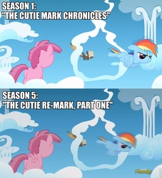 Size: 870x960 | Tagged: safe, edit, edited screencap, screencap, cloudwalker, cupid (g4), dumbbell, hoops, rainbow dash, earth pony, pegasus, pony, g4, the cutie mark chronicles, the cutie re-mark, blank flank, butt, cloud, colt, comparison, discovery family logo, error, female, filly, floppy ears, flying, foal, hooves, male, on a cloud, plot, race swap, spread wings, standing on a cloud, text, wings