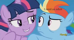 Size: 546x299 | Tagged: safe, screencap, rainbow dash, twilight sparkle, alicorn, pony, g4, the cutie re-mark, awkward, awkward moment, caption, discovery family logo, female, i need an adult, mare, stranger danger, text, twilest dashle, twilight is a foal fiddler, twilight sparkle (alicorn)