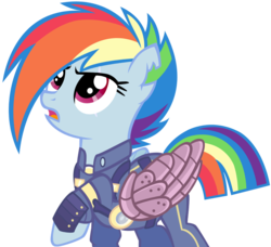 Size: 1080x986 | Tagged: safe, artist:dianlie, rainbow dash, pegasus, pony, g4, the cutie re-mark, alternate hairstyle, alternate timeline, alternate universe, amputee, apocalypse dash, artificial wings, augmented, clothes, crystal war timeline, female, mare, mechanical wing, prosthetic limb, prosthetic wing, prosthetics, scar, simple background, solo, torn ear, transparent background, uniform, vector, wings
