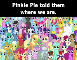 Size: 720x562 | Tagged: safe, edit, screencap, aloe, apple bloom, applejack, berry punch, berryshine, big macintosh, bon bon, bulk biceps, carrot cake, carrot top, cheerilee, cherry berry, cloudchaser, cup cake, daisy, derpy hooves, diamond tiara, dj pon-3, doctor whooves, flitter, flower wishes, fluttershy, golden harvest, granny smith, lemon hearts, lily, lily valley, linky, lotus blossom, lyra heartstrings, mayor mare, minuette, octavia melody, pinkie pie, pipsqueak, pokey pierce, pound cake, pumpkin cake, rainbow dash, rarity, roseluck, sassaflash, scootaloo, sea swirl, seafoam, shoeshine, silver spoon, snails, snips, spike, spring melody, sprinkle medley, starlight glimmer, sweetie belle, sweetie drops, thunderlane, time turner, twilight sparkle, twinkleshine, twist, vinyl scratch, alicorn, pony, unicorn, g4, the cutie re-mark, bronybait, c:, cake family, caption, colt, cutie mark crusaders, everypony, everypony at s5's finale, female, flower trio, fourth wall joke, glasses, good end, grin, group photo, looking at you, male, mane seven, mane six, mare, smiling, spa twins, this will end well, twilight sparkle (alicorn), wall of tags
