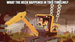 Size: 1172x659 | Tagged: safe, edit, edited screencap, screencap, flam, flim, pony, unicorn, g4, the cutie re-mark, alternate timeline, backhoe, brothers, discovery family logo, duo, ecocide, excavator, flim flam brothers, flim flam industry timeline, fuzzy dice, harvester, image macro, male, meme, question, stallion