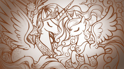 Size: 3000x1688 | Tagged: safe, artist:lanveril, princess celestia, princess luna, g4, eyes closed, horn, horns are touching, monochrome, sisters