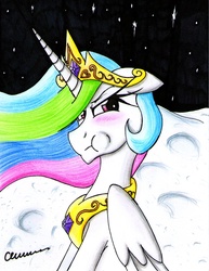 Size: 1266x1640 | Tagged: safe, artist:the1king, princess celestia, g4, the cutie re-mark, :t, blushing, female, karma, moon, pouting, solo, space, stars