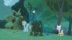 Size: 1067x600 | Tagged: safe, screencap, queen chrysalis, rainbow dash, rarity, changeling, changeling queen, g4, the cutie re-mark, alternate timeline, animated, changeling officer, changeling swarm, chrysalis resistance timeline, discovery family logo, disguise, disguised changeling, everfree forest, fake rainbow dash, fake rarity, female