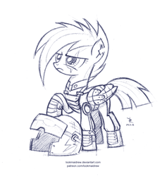 Size: 1790x1892 | Tagged: safe, artist:lookmaidrew, rainbow dash, pegasus, pony, g4, the cutie re-mark, alternate timeline, apocalypse dash, clothes, crystal war timeline, female, helmet, monochrome, scar, sketch, solo, torn ear, uniform