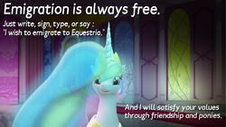 Size: 1280x720 | Tagged: safe, artist:chatoyance, princess celestia, oc, oc:celestai, fanfic:friendship is optimal, g4, 3d, 3d model, adventure in the comments, artificial intelligence, bronybait, caption, fanfic, fanfic art, it's a trap, poster, reaction image, solo, this will end in death, trap (device), virtual reality