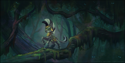 Size: 1600x808 | Tagged: safe, artist:cosmicunicorn, zecora, zebra, g4, the cutie re-mark, alternate hairstyle, alternate timeline, chrysalis resistance timeline, everfree forest, female, forest, mare, resistance leader zecora, scenery, solo