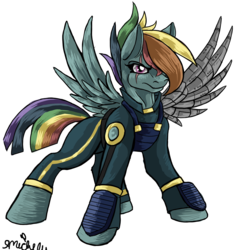 Size: 1364x1443 | Tagged: safe, artist:wildheart-wolfsong, rainbow dash, g4, the cutie re-mark, alternate timeline, apocalypse dash, armor, crystal war timeline, female, hair over one eye, prosthetic limb, scar, signature, simple background, soldier, solo, transparent background