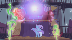 Size: 1024x576 | Tagged: safe, screencap, trixie, pony, unicorn, g4, bipedal, cape, clothes, eyes closed, female, grin, hat, mare, smiling, solo, trixie's cape, trixie's hat