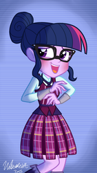 Size: 720x1280 | Tagged: dead source, safe, artist:wubcakeva, sci-twi, twilight sparkle, equestria girls, g4, adorkable, blushing, clothes, crystal prep academy uniform, cute, dork, female, school uniform, solo, twiabetes