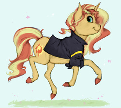 Size: 2000x1787 | Tagged: safe, artist:cuttledreams, sunset shimmer, pony, unicorn, g4, clothes, female, galloping, jacket, smiling, solo