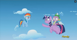 Size: 1366x720 | Tagged: safe, screencap, rainbow dash, spike, twilight sparkle, alicorn, dragon, pony, g4, the cutie re-mark, cloud, discovery family logo, dragons riding ponies, female, filly rainbow dash, flying, grin, mare, riding, silly face, sky, smiling, spike riding twilight, twilight sparkle (alicorn)