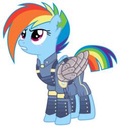Size: 2850x3000 | Tagged: safe, artist:cheezedoodle96, rainbow dash, pegasus, pony, g4, the cutie re-mark, .svg available, alternate hairstyle, alternate timeline, ammunition, angry, apocalypse dash, armor, augmented, clothes, crystal war timeline, female, high res, injured, mare, military, military uniform, prosthetic limb, prosthetic wing, prosthetics, scar, simple background, solo, svg, torn ear, transparent background, uniform, vector