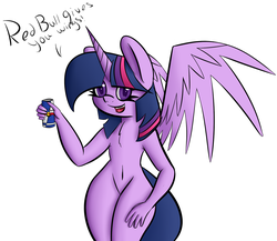 Size: 1296x1126 | Tagged: safe, artist:psicarii, twilight sparkle, alicorn, anthro, g4, barbie doll anatomy, energy drink, featureless crotch, female, red bull, red bull gives you wings, solo, twilight sparkle (alicorn)