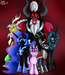 Size: 2500x2900 | Tagged: safe, artist:novaspark, discord, king sombra, lord tirek, nightmare moon, queen chrysalis, starlight glimmer, alicorn, changeling, changeling queen, pony, unicorn, g4, season 5, the cutie re-mark, antagonist, antagonists six, bad end, evil, evil grin, female, grin, high res, looking at you, male, mare, nose piercing, nose ring, oh crap, piercing, septum piercing, slasher smile, stallion, villains of equestria, xk-class end-of-the-world scenario