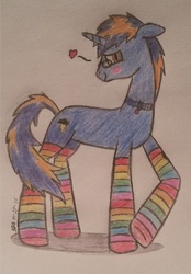 Size: 560x806 | Tagged: safe, artist:fenixthefox93, oc, oc only, oc:cobalt blaze, pony, unicorn, blushing, clothes, collar, colored pencil drawing, colored sketch, cutie mark, glasses, heart, looking at you, rainbow socks, smiling, socks, solo, stockings, striped socks, traditional art