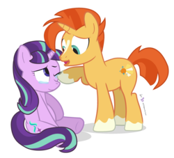 Size: 825x750 | Tagged: safe, artist:dm29, starlight glimmer, sunburst, pony, unicorn, g4, the cutie re-mark, backwards cutie mark, blaze (coat marking), coat markings, comforting, crying, cute, duo, facial markings, female, glimmerbetes, good end, julian yeo is trying to murder us, male, mare, one eye closed, one eye open, raised hoof, religion in the comments, sadlight glimmer, ship:starburst, shipping, simple background, sitting, socks (coat markings), stallion, straight, tears of joy, transparent background, vector