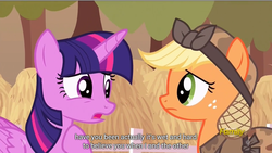 Size: 1279x720 | Tagged: safe, screencap, applejack, twilight sparkle, alicorn, pony, g4, the cutie re-mark, alternate timeline, crystal war timeline, discovery family logo, female, mare, meme, twilight sparkle (alicorn), youtube caption