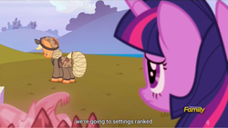 Size: 1279x720 | Tagged: safe, screencap, applejack, twilight sparkle, alicorn, pony, g4, the cutie re-mark, discovery family logo, female, mare, meme, twilight sparkle (alicorn), youtube caption