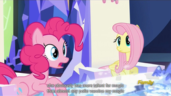Size: 1279x720 | Tagged: safe, screencap, fluttershy, pinkie pie, g4, the cutie re-mark, discovery family logo, meme, youtube caption