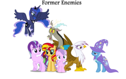 Size: 2724x1706 | Tagged: safe, artist:nukarulesthehouse1, diamond tiara, discord, gilda, princess luna, starlight glimmer, sunset shimmer, trixie, griffon, pony, unicorn, g4, the cutie re-mark, group