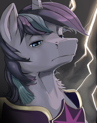 Size: 1043x1319 | Tagged: safe, artist:gsphere, shining armor, g4, :i, bags under eyes, bust, frown, lidded eyes, lightning, looking down, male, ominous, portrait, solo