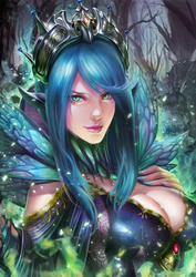 Size: 2480x3502 | Tagged: safe, artist:nekoka shuuri-ya, queen chrysalis, changeling, human, g4, breasts, busty queen chrysalis, cleavage, clothes, costume porn, crown, eared humanization, female, high res, humanized, nail polish, pixiv, portrait, solo