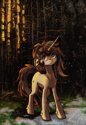 Size: 1196x1728 | Tagged: safe, artist:koviry, oc, oc only, oc:sandy vain, pony, unicorn, fire, forest, solo