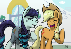 Size: 2886x2000 | Tagged: safe, artist:corsairsedge, applejack, coloratura, g4, eyes closed, high res, laughing, raised hoof, rara, smiling