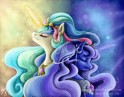 Size: 1024x805 | Tagged: safe, artist:cissy-kitsune23, princess celestia, princess luna, g4, eyes closed, female, magic, sisters, smiling, solo