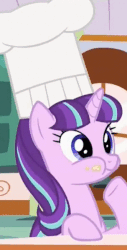 Size: 304x600 | Tagged: safe, screencap, starlight glimmer, pony, unicorn, g4, season 5, the cutie re-mark, animated, aweeg*, chef's hat, chewing, cupcake frosting, cute, eating, female, friends are always there for you, glimmerbetes, hat, loop, mare, munching, nom, puffy cheeks, raised hoof, smiling, solo