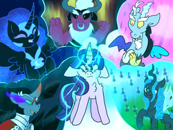 Size: 800x600 | Tagged: safe, artist:eeveefennekinfan, discord, king sombra, lord tirek, nightmare moon, queen chrysalis, starlight glimmer, changeling, g4, the cutie re-mark, antagonist, antagonists six, crying