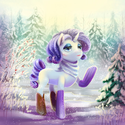 Size: 2000x2000 | Tagged: dead source, safe, artist:draltruist, rarity, pony, unicorn, g4, boots, clothes, female, forest, high res, scarf, snow, snowfall, socks, solo, winter