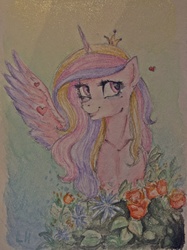 Size: 1194x1600 | Tagged: safe, artist:whatijustdidnow, princess cadance, g4, female, flower, heart, smiling, solo, traditional art