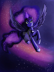 Size: 1024x1365 | Tagged: safe, artist:cissy-kitsune23, princess luna, g4, female, flying, magic, smiling, solo, watermark